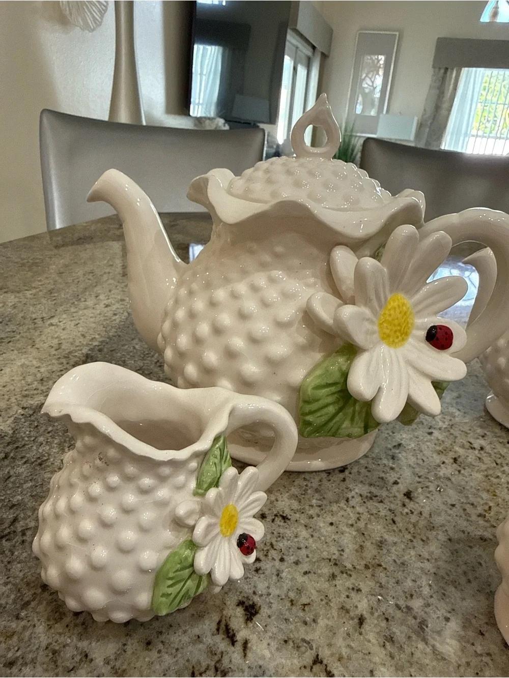 Vintage Daisy ladybug Tea set cottage core mini teapot salt pepper set decor